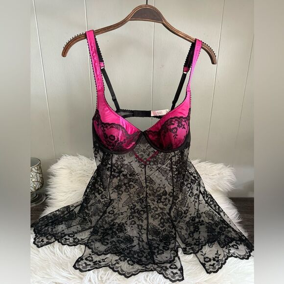 Sexy Sheer Black Lace & Hot Pink Lingerie Babydoll 36C New Without Tags - Picture 3 of 17